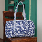 Large royal blue Cotton Quilted Duffle Bags Block print Gifts Handmade Colorful Travel night Travel Gym Yoga Luggage pocket 18x9x9 inches