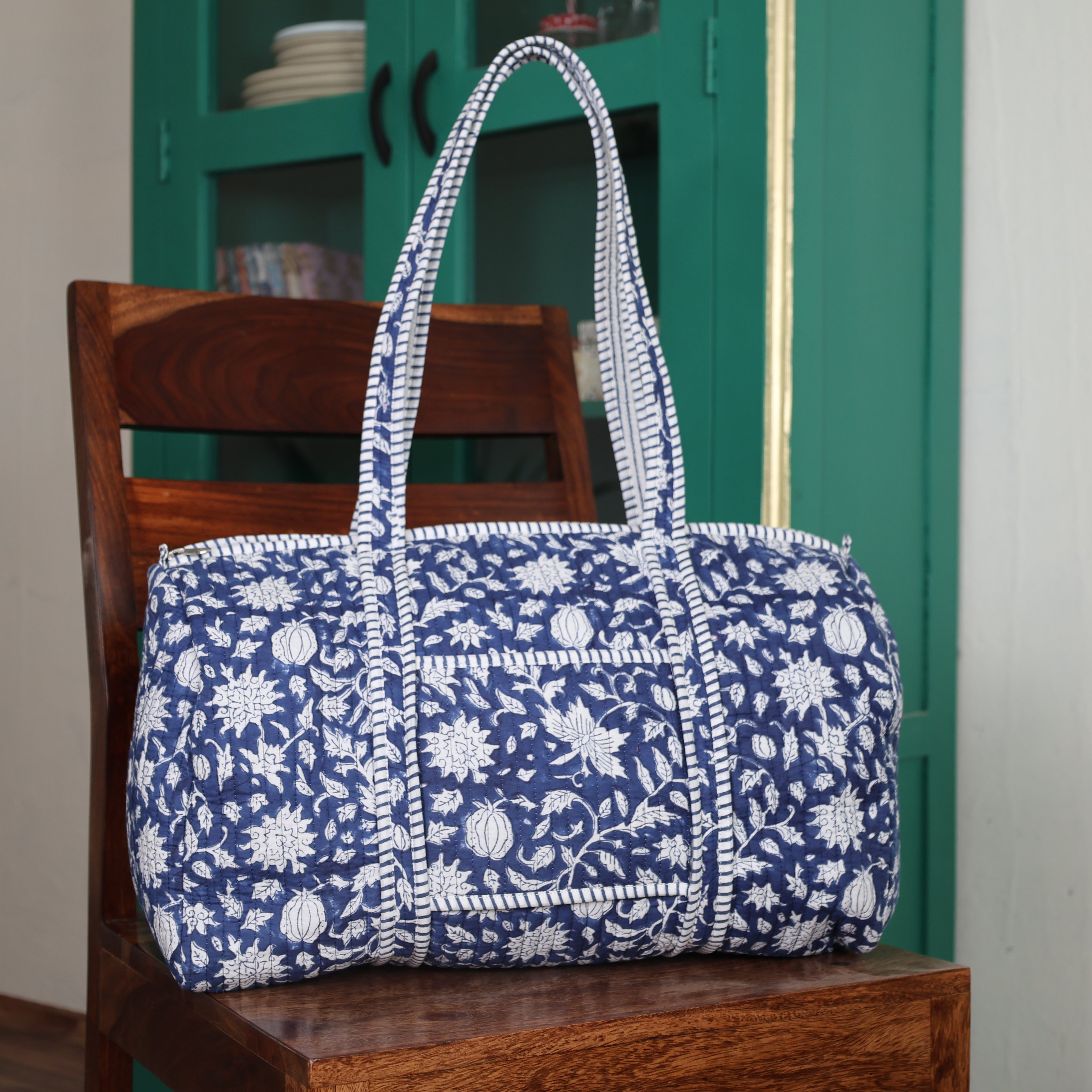 Large royal blue Cotton Quilted Duffle Bags Block print Gifts Handmade Colorful Travel night Travel Gym Yoga Luggage pocket 18x9x9 inches