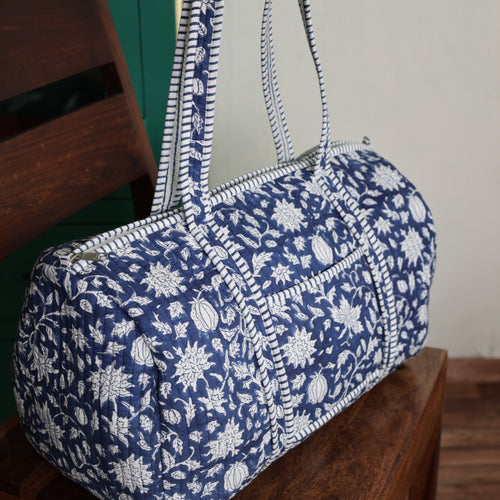Large royal blue Cotton Quilted Duffle Bags Block print Gifts Handmade Colorful Travel night Travel Gym Yoga Luggage pocket 18x9x9 inches