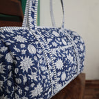 Large royal blue Cotton Quilted Duffle Bags Block print Gifts Handmade Colorful Travel night Travel Gym Yoga Luggage pocket 18x9x9 inches