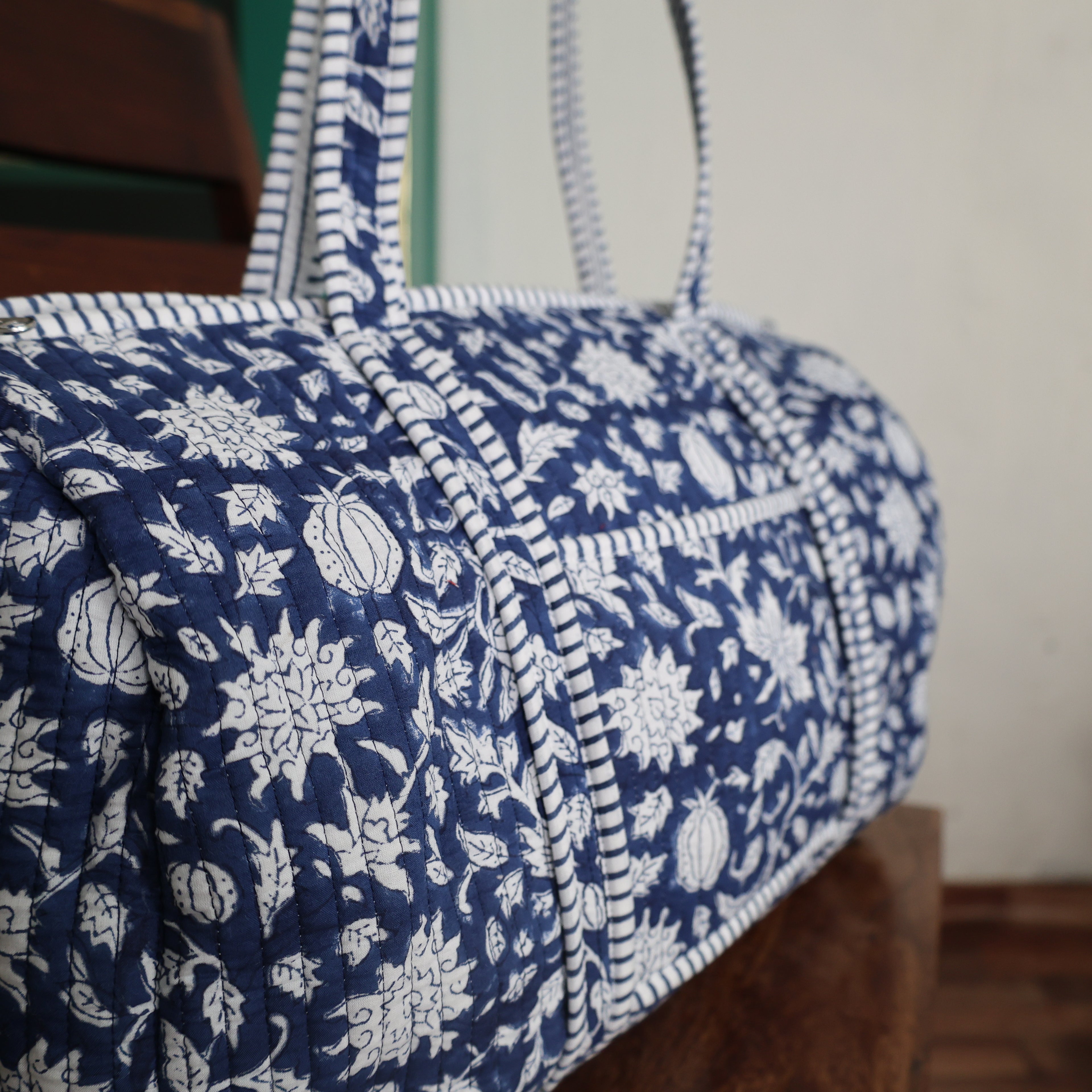 Large royal blue Cotton Quilted Duffle Bags Block print Gifts Handmade Colorful Travel night Travel Gym Yoga Luggage pocket 18x9x9 inches