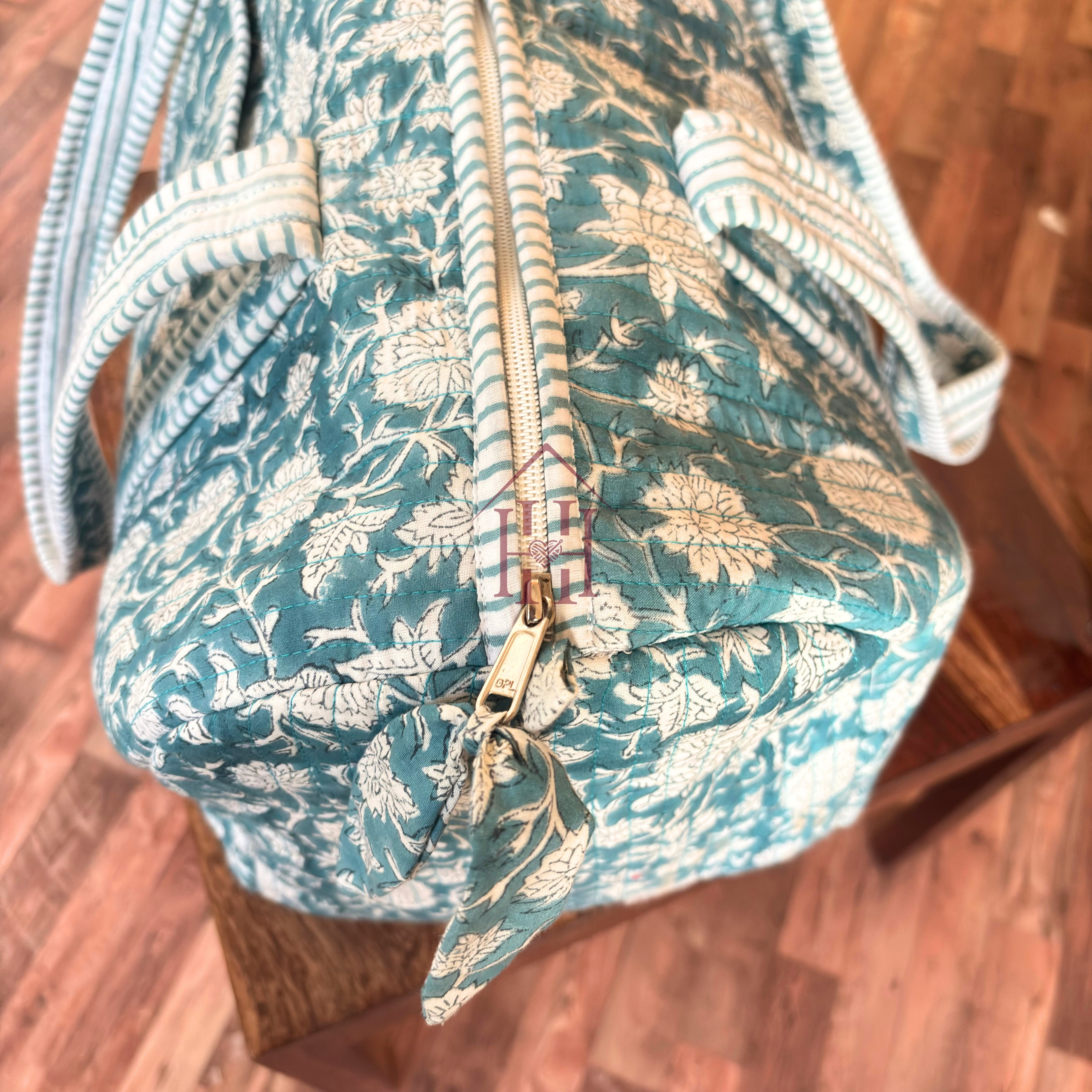 Large sea blue Cotton Quilted Duffle Bags Block print Gifts Handmade Colorful Travel night Travel Gym Yoga Luggage pocket 18x9x9 inch