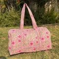 Large Rose pink Cotton Quilted Duffle Bags Block print Gifts Handmade Colorful Travel night Travel Gym Yoga Luggage pocket 18x9x9 inches