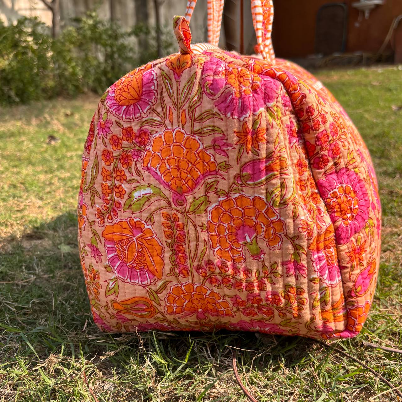 Large Orange pink Cotton Quilted Duffle Bags Block print Gifts Handmade Colorful Travel night Travel Gym Yoga Luggage pocket 18x9x9 inches
